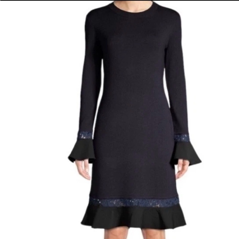Tory Burch Merino Wool Black Lace Hem Navy Blue Mini Dress Women Size L